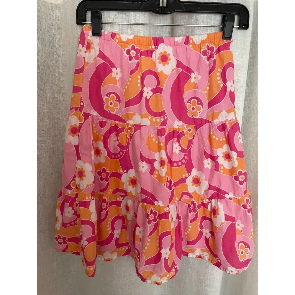 Gymboree Twirly Tiered Girl's Size 7‎ Cotton Skirt Pink Orange and White Lined